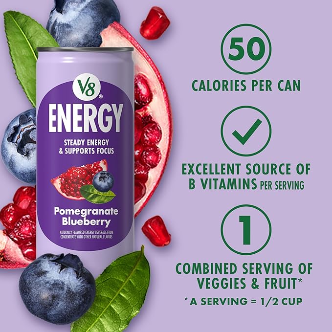 V8 +ENERGY Pomegranate Blueberry Energy Drink | 8 fl oz Can | Pack of 48