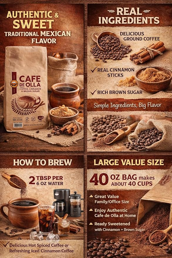 Mexican Cafe Ground Coffee - Cinnamon Brown Sugar Arabica Blend Pre-Sweetened 40oz (40 Cups) Hot/Iced