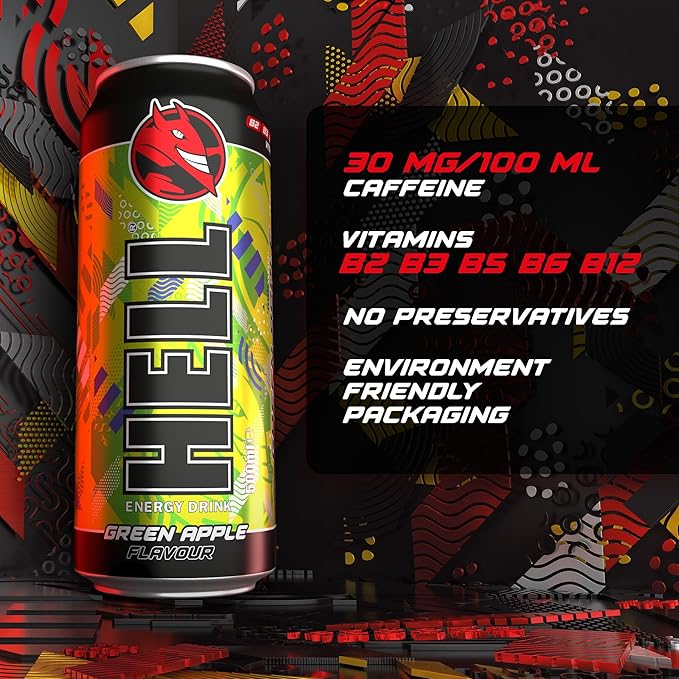 HELLGREEN APPLE Energy Drink | +20% More Caffeine | Vitamins B2 B3 B6 B12 C &amp D | No Preservatives | Environmentally Friendly Packaging | 12 x 500 ml | Compatible with HELL Energy