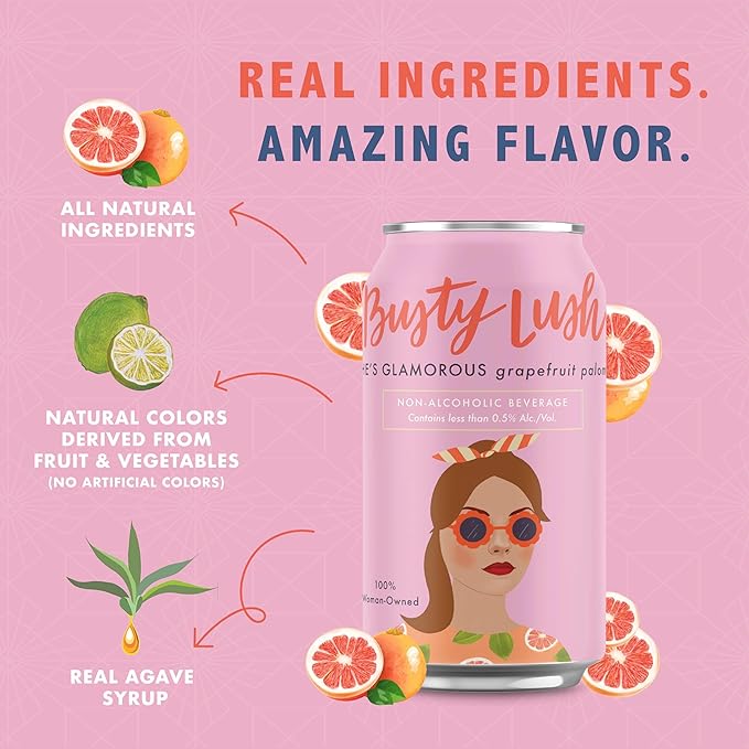 Busty Lush Craft Mocktails – Non-Alcoholic Sparkling Drinks Zero Proof Drinks Grapefruit Paloma Alcohol Alternative – Low Sugar &amp Low Calorie Ready to Drink | 12 oz (8-Pack)