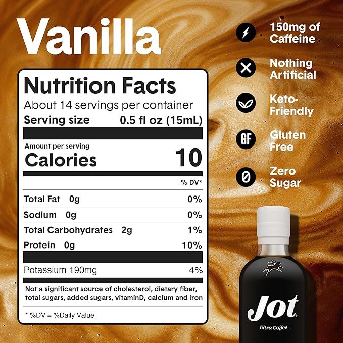 Jot Coffee Concentrate (Vanilla) High Caffeine Cold Brew Coffee Concentrate Liquid for Iced Coffees Instant Espresso Hot or Cold Instant Coffees - Makes 14 Cups 150mg Caffeine/Tbsp Sugar Free