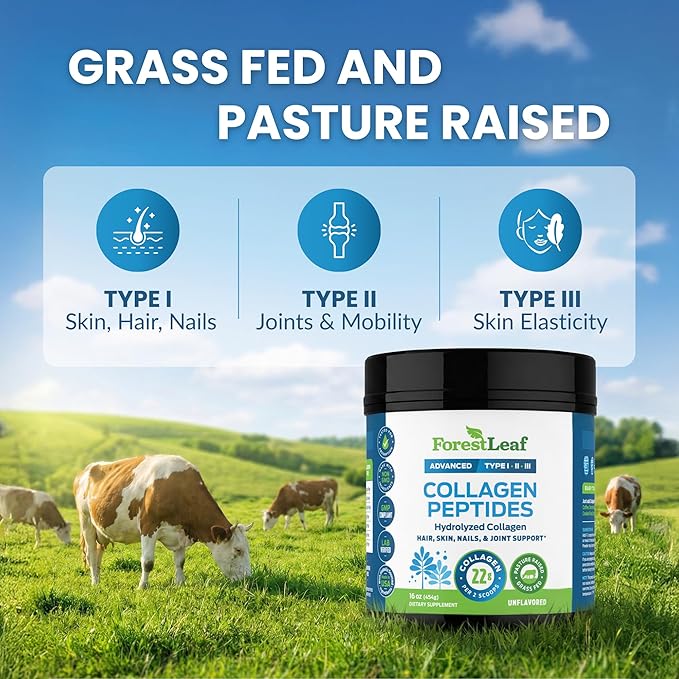 ForestLeaf Collagen Peptides Powder Unflavored - Hydrolyzed Grass Fed Keto Collagen Protein Powder Type 1 2 &amp 3 - Vital Hair Skin Nails Joints Recovery 11g Per Serving