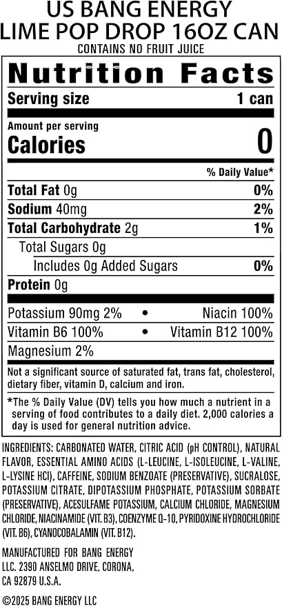 Bang Energy Lime Pop Drop Sugar-Free Energy Drink 16-Ounce (Pack of 12)