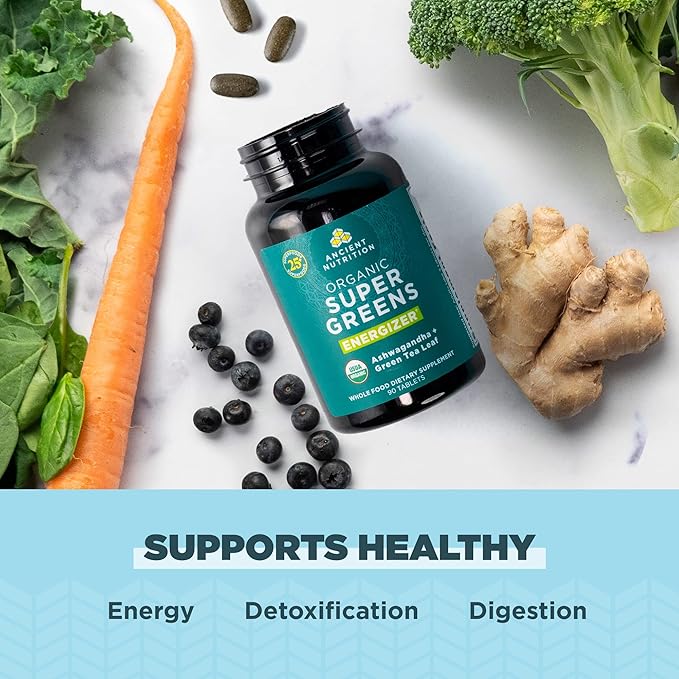 Ancient Nutrition Supergreens Energizer Tablets Organic Superfood Tablets with Caffeine Made from Real Fruits Vegetables and Herbs for Digestive and Energy Support 90 Count