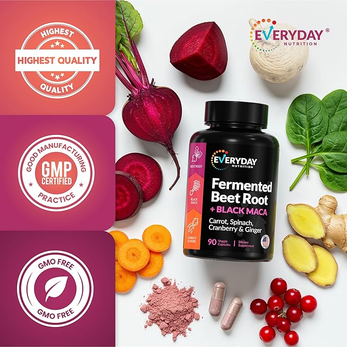 Organic Fermented Beet Root Black Maca Carrot Spinach Cranberry Ginger |Enhanced Overall Health for Women &amp Men | Made in USA | 90 Veggie Capsules