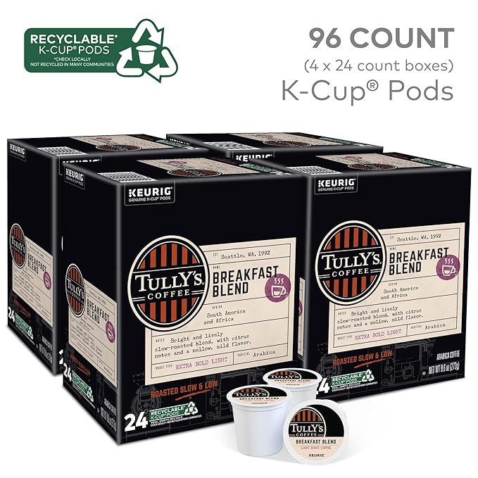 Tully's Coffee Breakfast Blend Keurig Single-Serve K-Cup Pods Light Roast Coffee 96 Count