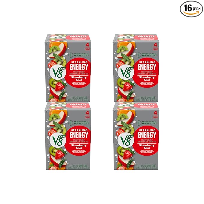 V8 +Energy Strawberry Kiwi Can | Sparkling | Juice Energy Drink | 11.5 fl oz | Pack of 16