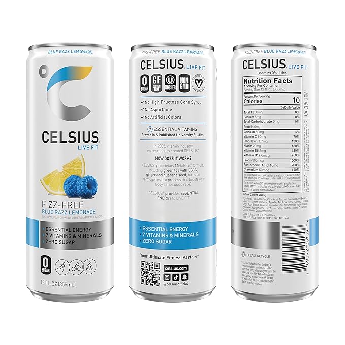 CELSIUS Fizz Free Blue Razz Lemonade Sugar Free Energy Drink 12 Fl Oz (Pack of 12)