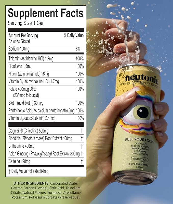 Neutonic Nootropic Productivity Energy Drink | Wild Citrus 12 Cans | 120mg Natural Caffeine Zero Sugar | Support Memory Mental Clarity Cognitive Function | Boost Focus Energy Brain Health