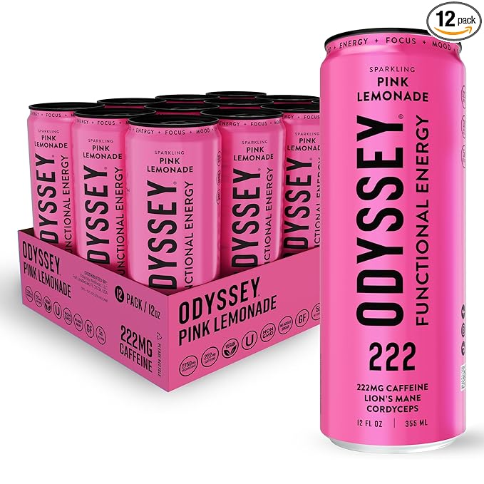 Odyssey Functional Energy Drink for Focus Cognition &amp Mood Support 12 Pack - Adaptogenic Drink with 222mg Green Tea Caffeine Lion’s Mane Cordyceps L-Theanine &amp Ginseng - Sparkling Pink Lem