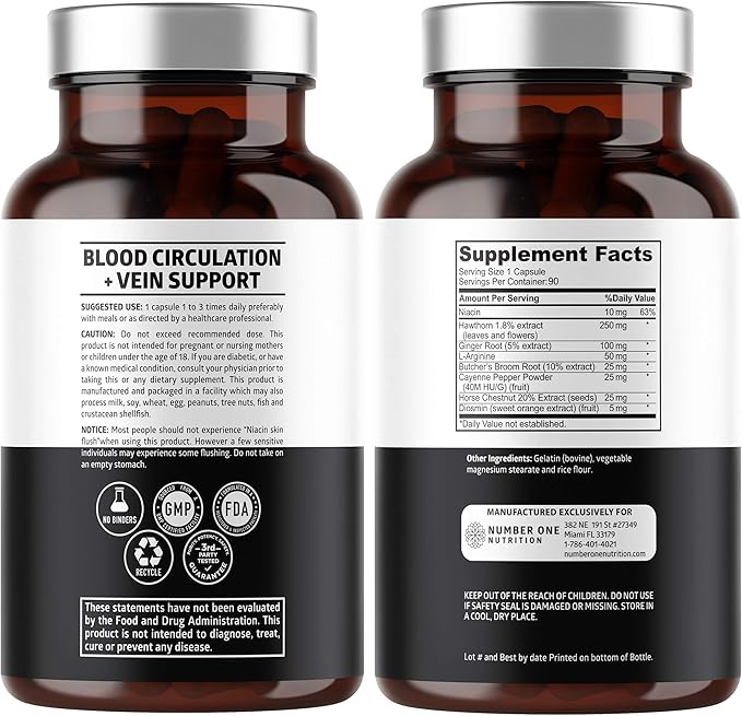 Number One Nutrition Premium Blood Circulation Supplement for Women and Men [8 Powerful Herbs &amp Vitamins] All Natural Blood Flow Supplement with Hawthorn Butchers Broom and Cayenne Pepper 90 Cap