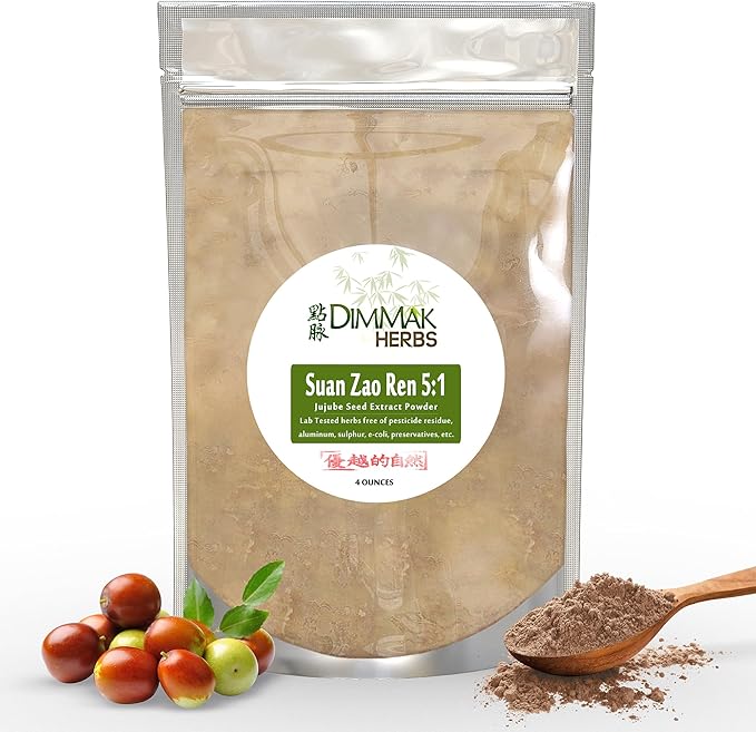 Dimmak Herbs Organic Suan Zao Ren 5:1 Extract (Sour Jujube Seed)- Premium Natural Sleep Aid for Insomnia Anxiety &amp Night Sweats- Calms The Spirit (Shen)- Non-Habit Forming (4oz)
