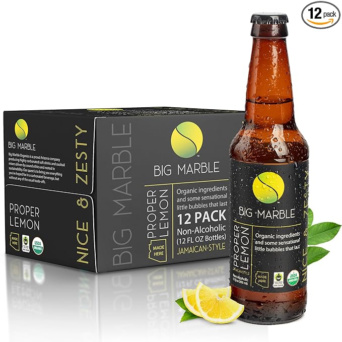 Big Marble Organic Proper Lemon Premium Non-Alcoholic Low Sugar Zesty Citrus Fair Trade Certified Real Lemon No Artificial Sweeteners/Colors for Cocktails &amp Mocktails - 12 Pack 355ml (12 F