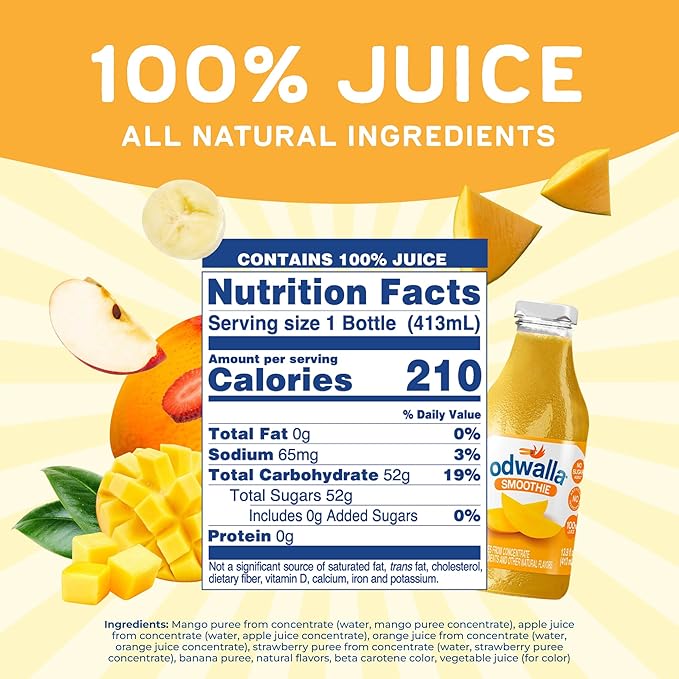 Odwalla Smoothie - Fruit Smoothie Mix Ready to Drink Juice Blend No Added Sugar No preservatives - 13.9 oz Glass Bottles - Mango