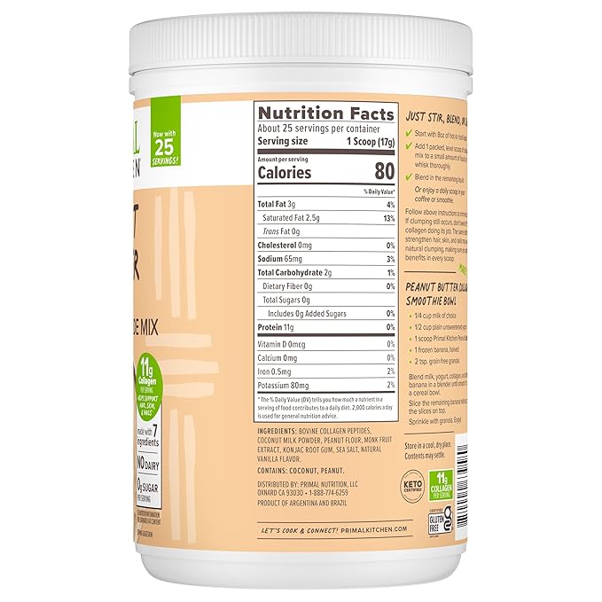 Primal Kitchen Peanut Butter Flavor Collagen Fuel® Drink Mix Collagen Peptides No Dairy 14.3 Ounces