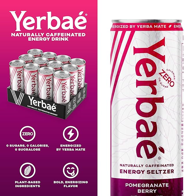 Yerbaé Energy Seltzer - Pomegranate Berry No Sugar/Calories/Carbs. Energized by Yerba Mate Naturally Caffeinated Plant-Based Healthy Alternative to Coffee Sugary Sodas Pack of 12 12oz cans