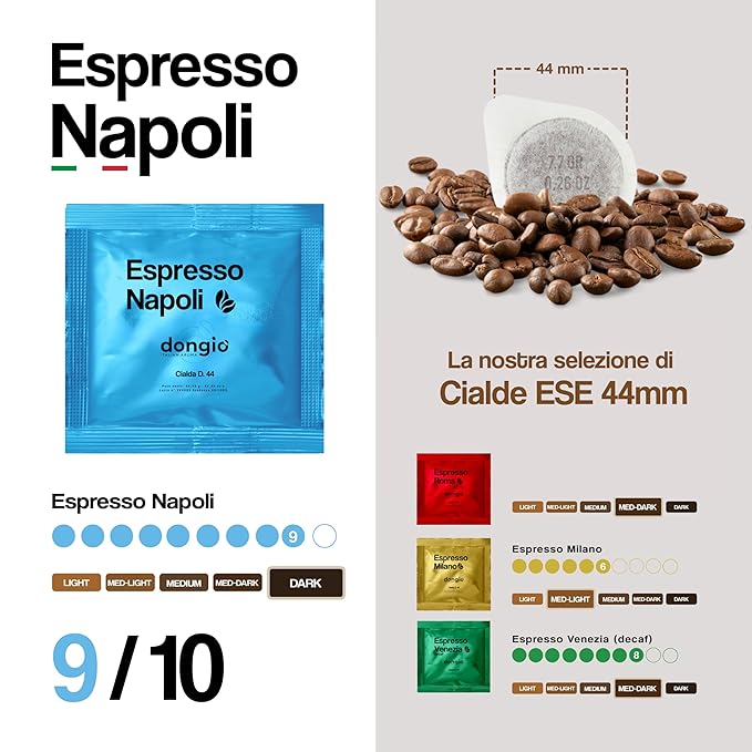 Dongiò Caffè Espresso Napoli - 50 Easy Serving Espresso Pods (ESE 44mm) - Dark Roast Coffee (Intensity 9/10) - Roasted and Blended in Italy