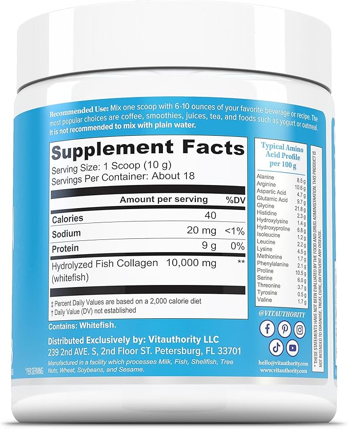 Vitauthority Marine Collagen Peptides Powder Supplement | Hydrolyzed Fish Collagen Peptides | 10000mg per Scoop 9g Protein Skin Hair Nail Sustainably Sourced Whitefish | Unflavored 18 Servings