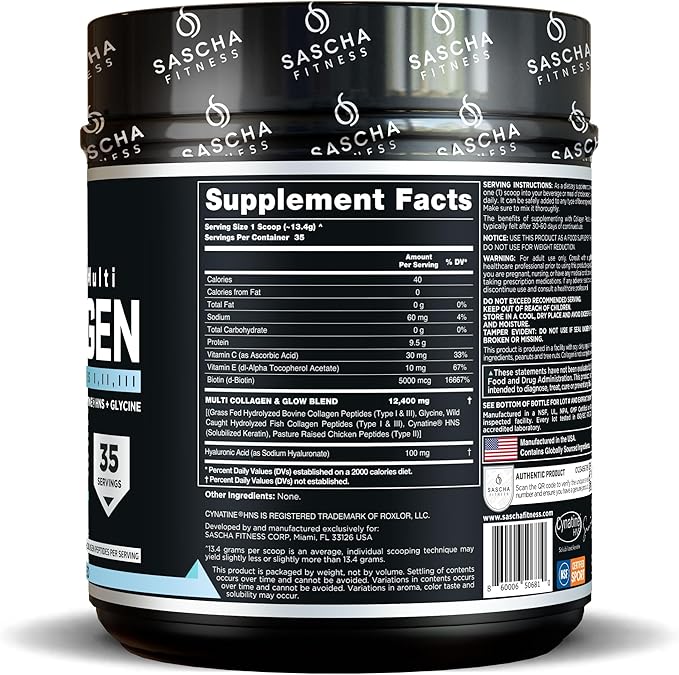 SASCHA FITNESS Hydrolyzed Multi Collagen Peptides Tipes 12 &amp 3 |Hyaluronic Acid|Biotin |Cynatine HSN|Vitamin C &amp E |for Hairs Skin &amp Bone Support| Unflavored