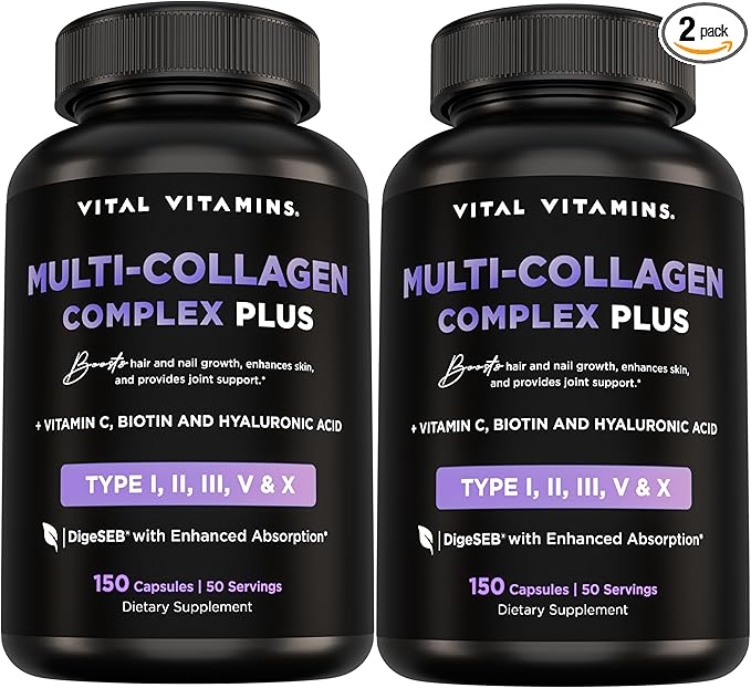 Vital Vitamins Multi Collagen Plus Capsules (2-Pack) - with Biotin Hyaluronic Acid Vitamin C - Type I II III V X Peptides - Collagen Supplements for Men &amp Women - Hair Skin Nails Complex