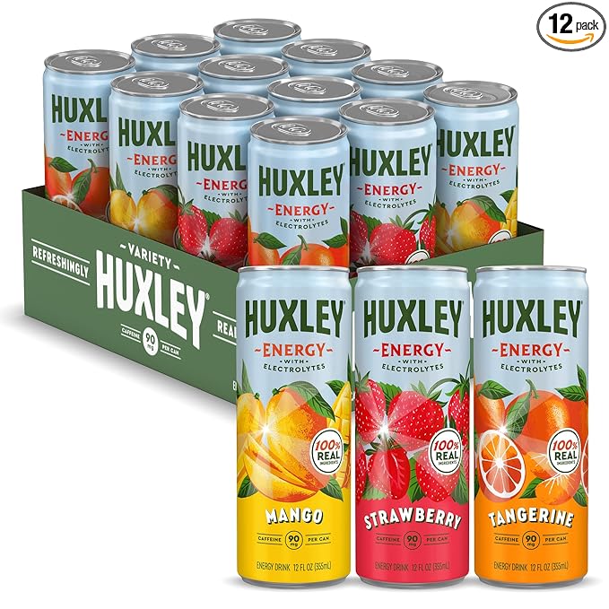 Huxley Superfruit Energy Drink Variety Pack 90mg Natural Caffeine Electrolytes for Hydration 100% Real Ingredients 5g Organic Cane Sugar No Artificial Sweeteners or Flavors L-theanine for Susta