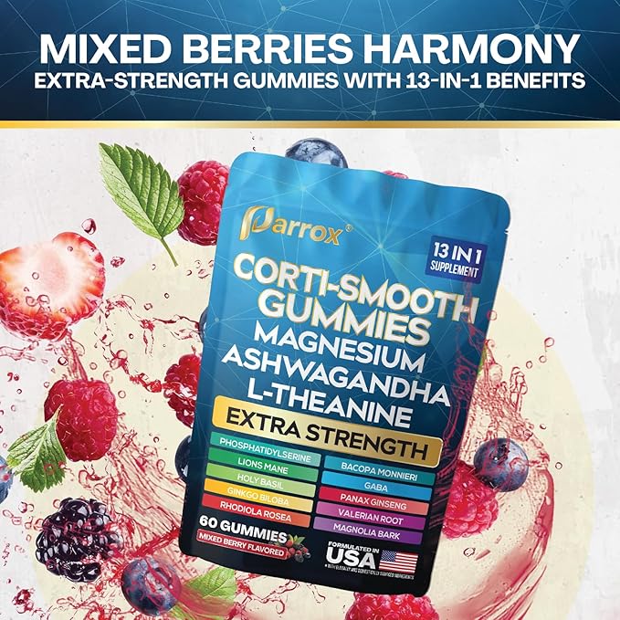 Corti-Smooth Cortisol Support Gummies with Magnesium L-Theanine Ashwagandha Phosphatidylserine Bacopa Monnieri Lions Mane Ginkgo Biloba Valerian Root (60 Gummies - Mixed Berry Flavor)