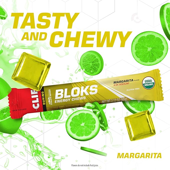 Clif Bloks - Margarita Flavor with 3X Sodium - Energy Chews - Non-GMO - Plant Based - Fast Fuel for Cycling and Running - Quick Carbohydrates and Electrolytes - 2.12 oz. (18 Count)