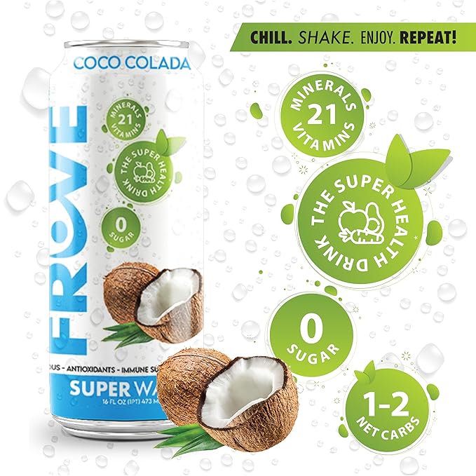 FrUve Super Water | Coco Colada Flavor | 12 16oz Cans | Healthy Drink | Zero Sugar | Low Calorie Drink | Powerful Antioxidants | Boosts Immune System | NON-GMO | The Super Health Drink