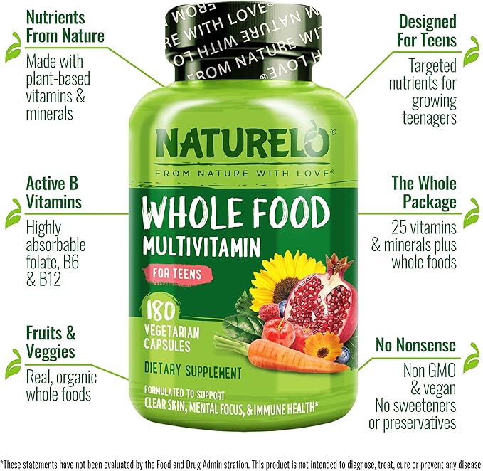NATURELO Multivitamins for Teenage Girls/Boys 180 Capsules Whole Food Multivitamin with Minerals Non-GMO Vegetarian
