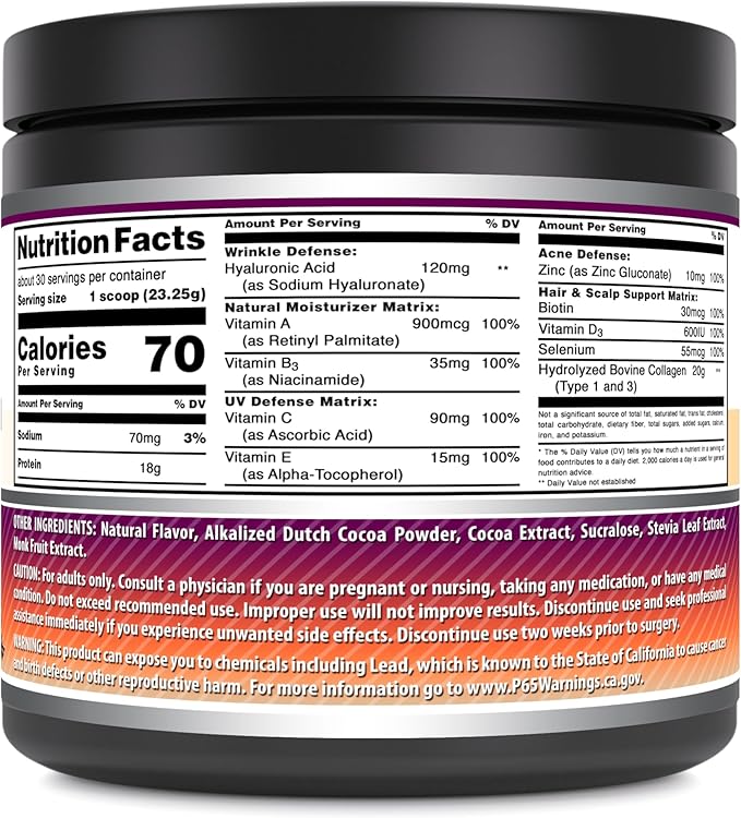 Amazing Formulas Hydrolyzed Collagen with Hyaluronic Acid &amp Multivitamins Supplement | 30 Servings Powder | 660 Grams | Chocolate Flavor
