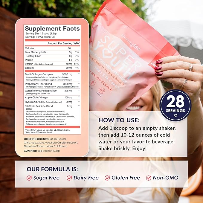 SkinnyFit - Super Youth Collagen for Women - Multi Collagen Peptides Powder - Probiotics Fiber Hyaluronic Acid - Non GMO Gluten Free Sugar Free - Beauty &amp Self Care - Peach Mango (28 Servings)
