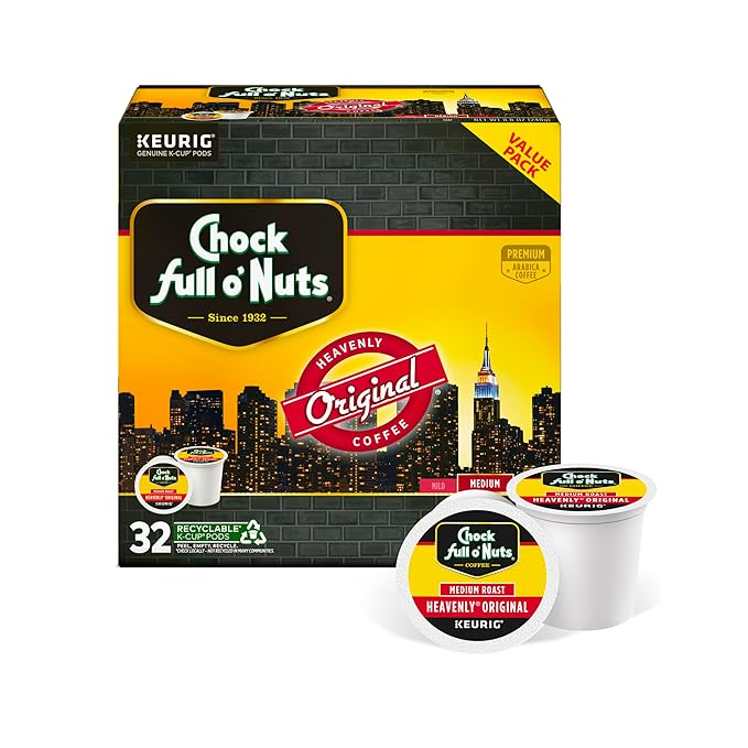 Chock Full o' Nuts Heavenly Original Keurig K-Cup Pods for Keurig Brewers – Premium Arabica Medium Roast – Single Serve – 1 Pack of 32 K-Cup Pods