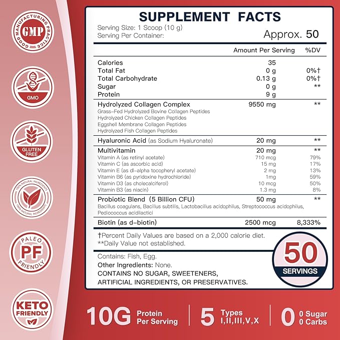 DRFOSTER Multi-Collagen-Peptide-Powder with Probiotics 50 Servings of Hydrolyzed Collagen Peptides with Hyaluronic Acid Biotin &amp Multivitamins - Supports Skin Hair Nails Health