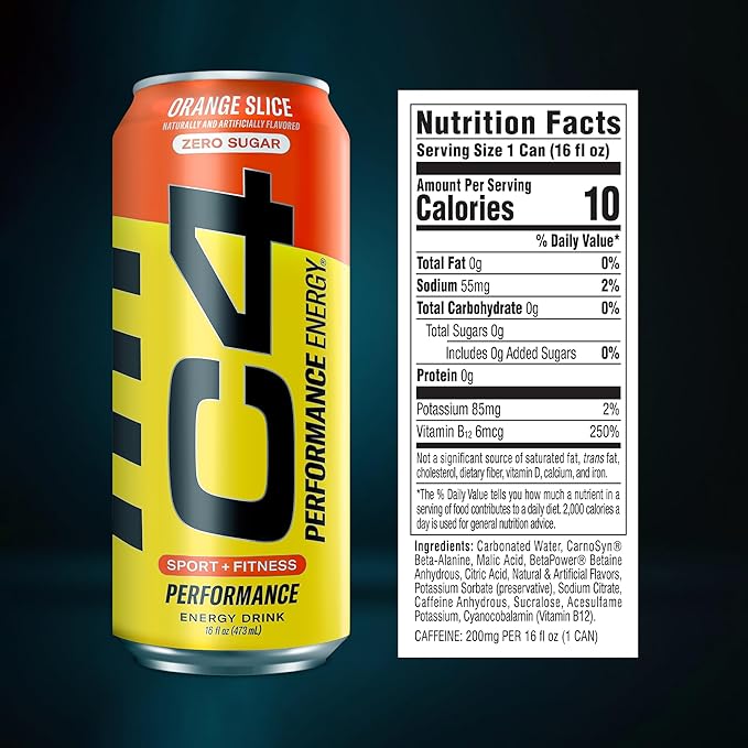 C4 Energy Carbonated Zero Sugar Energy Drink Pre Workout Drink + Beta Alanine Orange Slice 16 Fl Oz (Pack of 12)