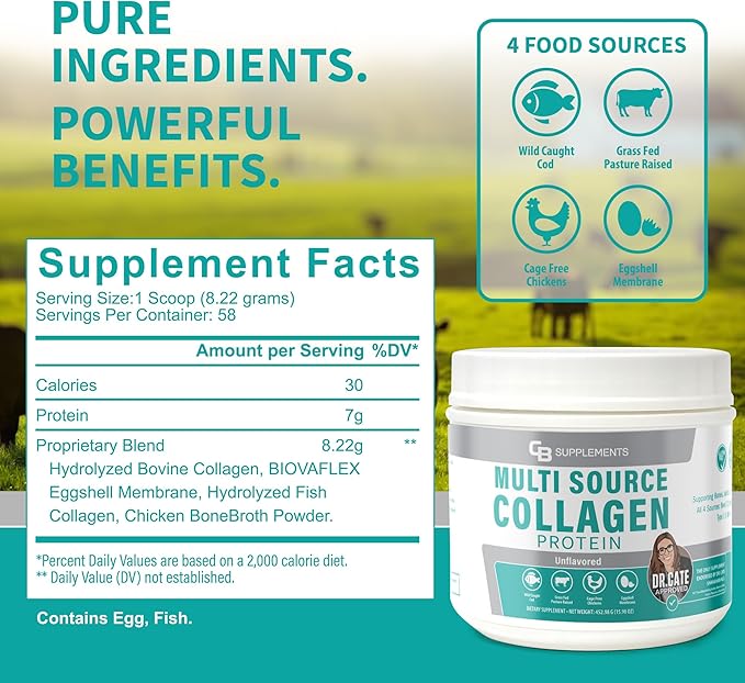 CB Supplements Multi Collagen Protein – Hydrolyzed Collagen for Joint Skin Gut Hair &amp Nail Health – Unflavored Powder with Types I II III V &amp X – Grass-Fed &amp Clean – 58 Servings
