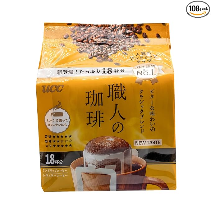 UCC Shokunin Coffee Classic Blend Single Serve Japanese Style Pour Over Coffee imported from Japan 108 Individual Bags 0.25 oz (7g) per bag Sun-Dried Beans Artisan Crafted Each Bag Makes 5oz Cup