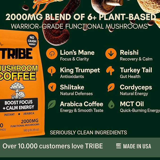 TRIBE Mushroom Coffee with MCT Oil - Creamy Instant Barista Blend for Energy Focus &amp Immune Support 6 Adaptogenic Superfoods - Lion’s Mane Reishi Turkey Tail - 2000mg - 30 Servings Spoon Incl