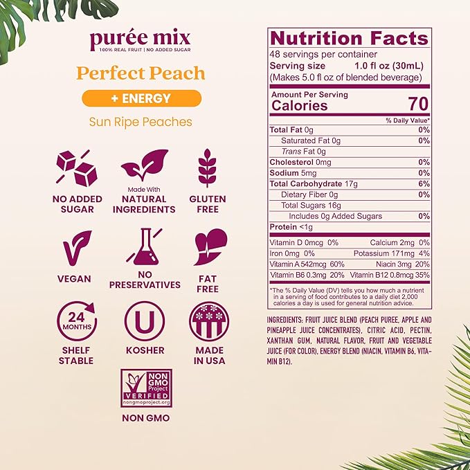 Smartfruit Perfect Peach + Energy – 100% Real Fruit Purée with Peach Apple &amp Pineapple – Great for Smoothies Juice Yogurt Cocktails Teas – High in Niacin &amp Vitamin A B6 B12 – 2-Pk 48oz