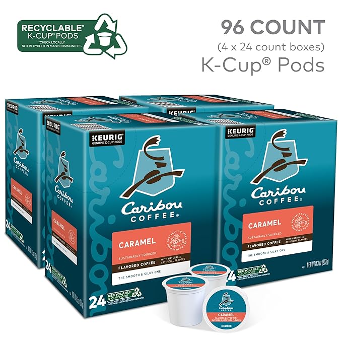 Caribou Coffee Caramel Flavored Coffee Single Serve Keurig K-Cup Pods Medium Roast Coffee 96-Count Box (Pack of 4)