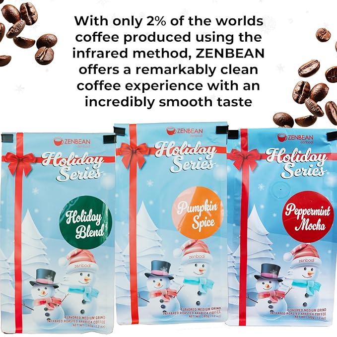 ZENBEAN Holiday Series Flavored Coffee Bundle - Pumpkin Spice Holiday Blend and Peppermint Mocha - Medium Grind Infrared Roasted Arabica Coffee Low Acid with Rhodiola Rosea and L-Theanine