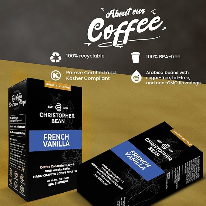 Christopher Bean Coffee - 396 servings 30 to 1 Blend Bag in Box Liquid Instant Coffee or Cold Brew Coffee Concentrate - Hot or Iced Coffee - French Vanilla