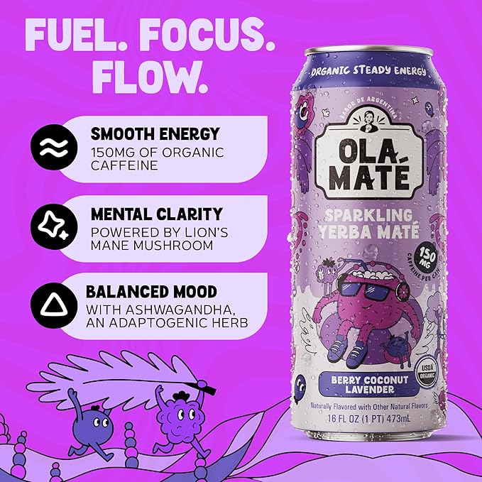 Yerba Mate Energy Drink - Low Sugar Sparkling Tea Cans with Ashwagandha Lion’s Mane USDA Organic Clean Energy Drink with 150mg Natural Caffeine Ola Mate Berry Coconut