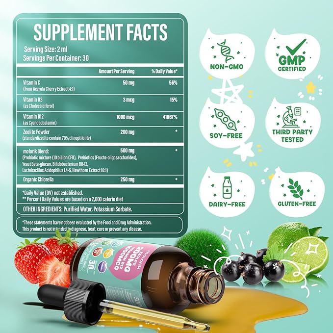Zeolite Detox for Kids and Adults 200mg Zeolite Liquid Drops with 1000mcg Vitamin B12 Organic Chlorella 10 billion CFU &amp Prebiotics for Gut Support &amp Speech Immune Bone Energy* Strawber