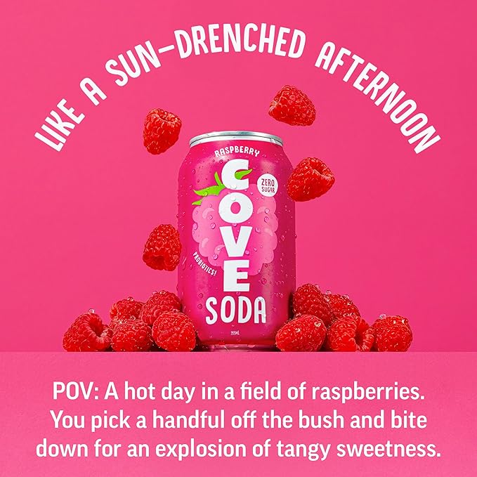Cove Probiotic Soda Zero Sugar Better-For-You Alternative - Refreshing Delicious Probiotic Drink No Synthetic Colors &amp Caffeine Free - Raspberry 12 Pack