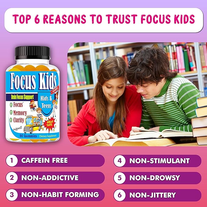 Focus Kids Gummies for Kids and Teens Attention Memory &amp Concentration Focus Supplement for School &amp Study Brain Vitamins for Children DHA &amp Omega 3-6-9 – 60ct