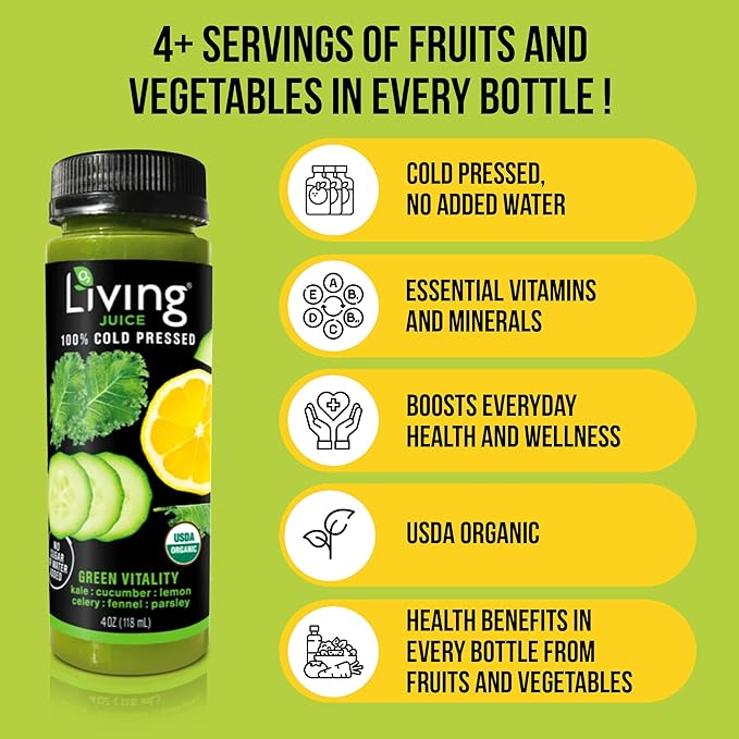 O2 Living Juice Cold Pressed Drink - Green Vitality Organic Juice Pack - No Added Sugars or Water Naturally Sweetened from Fruits Packed with Nutrients &amp Vitamins - Non-GMO - 4 fl oz - 8 Pack