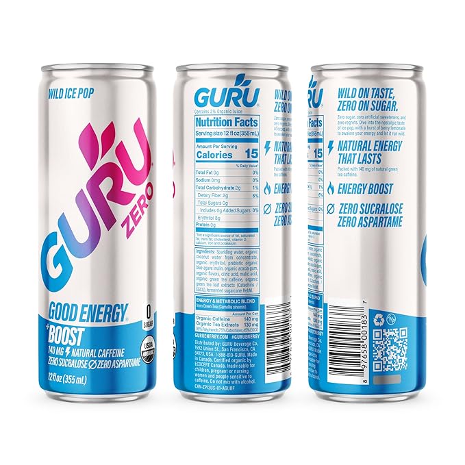 GURU ZERO SUGAR Organic Energy Drinks Variety Pack Clean Energy Drink with Plant Based Natural Caffeine from Green Tea Coconut Water Prebiotic Zero Added sugars Gluten Free and Vegan Pre Workout