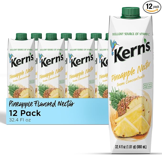 Kern’s Pineapple Juice Nectar - Made with Fresh Pineapple Fruit Puree - Tropical Fruit Juice Concentrate for Smoothie Mix Cocktail Mixers &amp Kids Drinks &amp Mexican Beverages - 32.4oz 12 Pack C