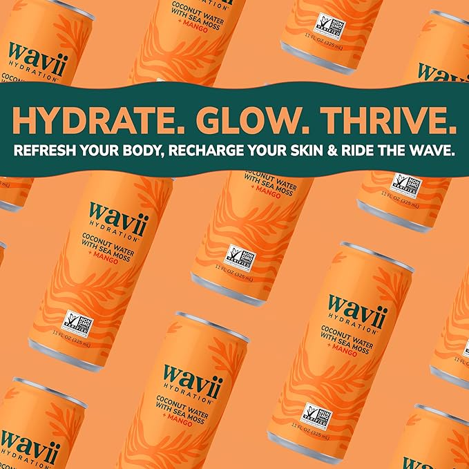 Wavii Hydration Organic Coconut Water with Organic Sea Moss plus Mango 11 fl oz Cans Pack of 12 – Clean Refreshing Hydration with Naturally Occurring Electrolytes No Added Sugar Non-GMO