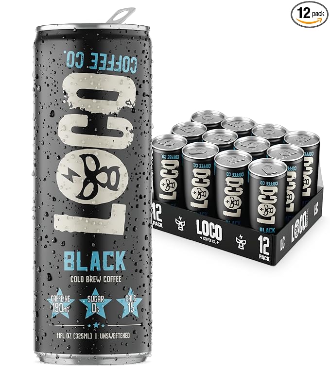 Loco Coffee Black Cold Brew 11 Ounce Can 12 Count | Zero Sugar 190mg Caffeine | Gluten Free and Dairy Free | Low Calorie Iced Coffee